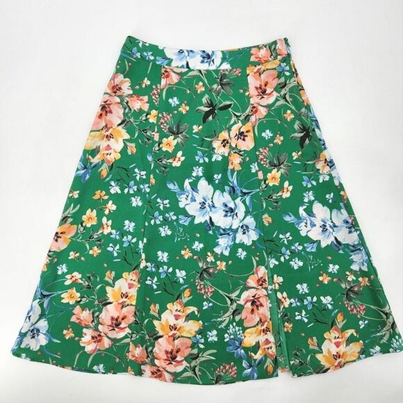 Loft Midi Skirt Size 0 Petite Green Floral Satin Romantic Flowers Fairy Feminine - Picture 1 of 8